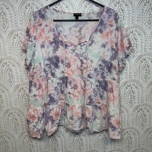 Torrid Womens Plus Size 2 Pastel Tie Dye Babydoll Peplum V-Neck Ruffle Blouse